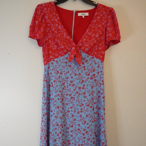 Likely, Raffa Floral Puff Sleeve Midi Slit Dress, Red, Light Blue Colorblock - Picture 3 of 7